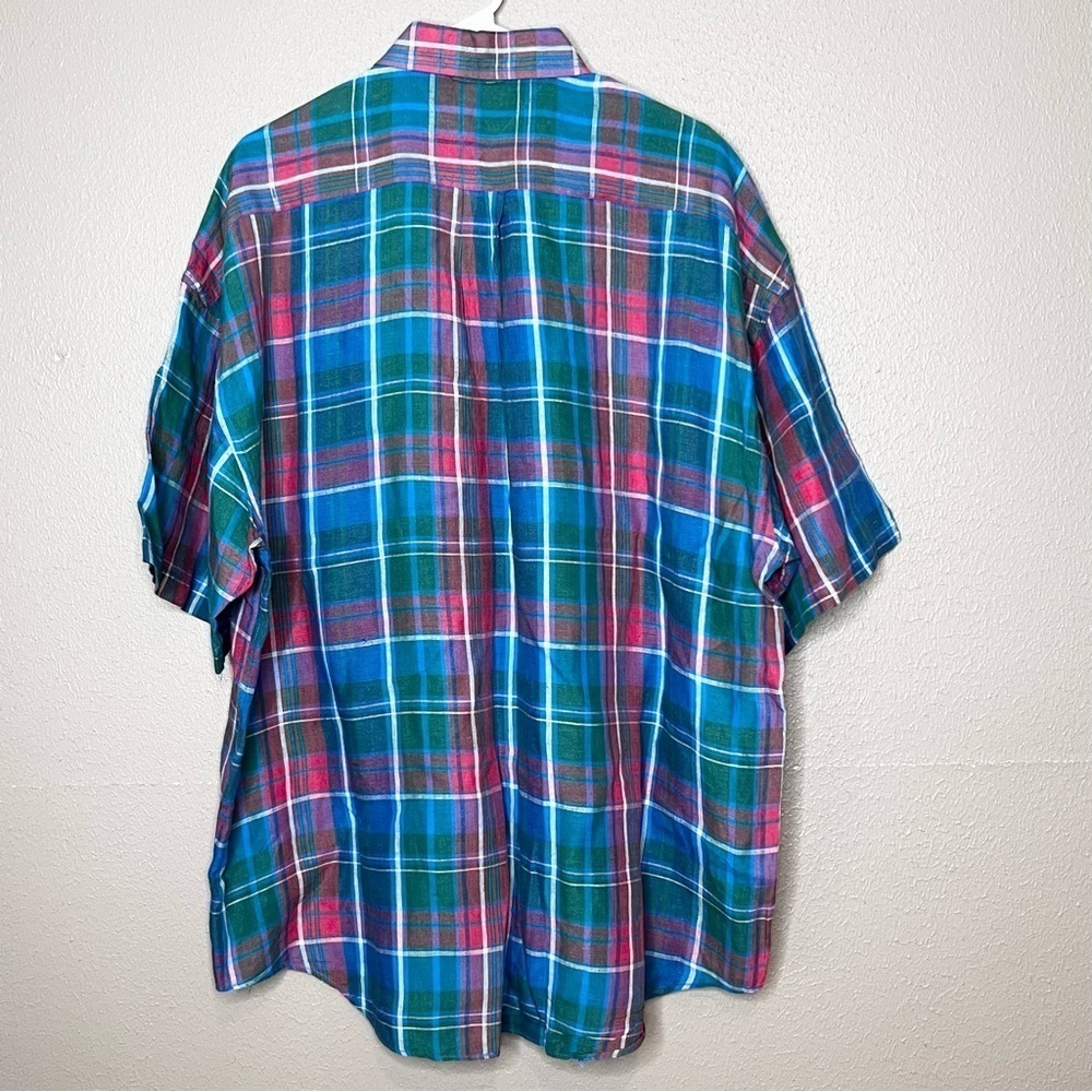Tommy Hilfiger Mens L Multicolor Plaid Short Sleeve Button Up Shirt 100% Linen - Picture 8 of 9